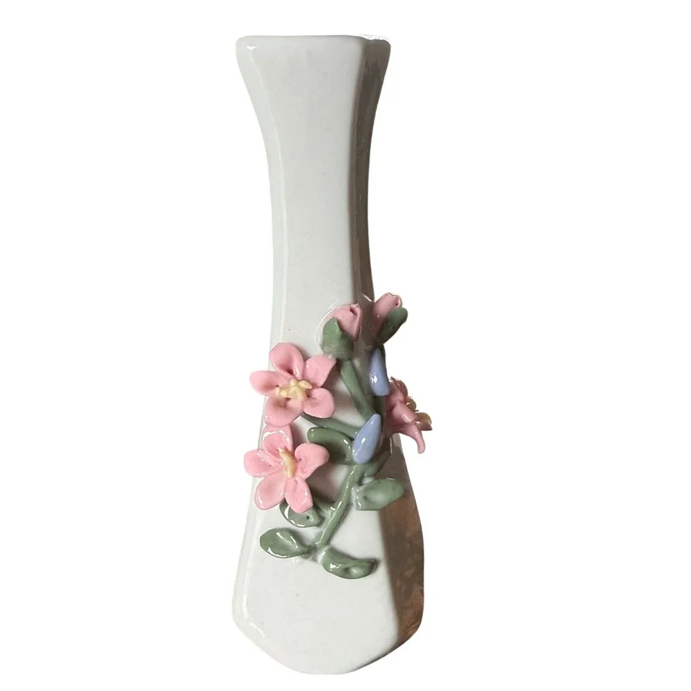 Vintage White Porcelain Bud Vase 3D Pink Floral Applied Design 7.25 Inch